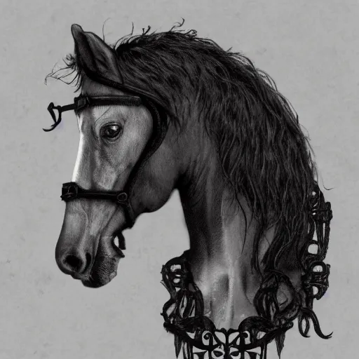 Image similar to a photo of horse with human face, gothic style, skulls are lying underneath