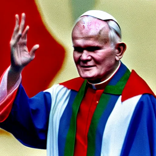 Prompt: John Paul II wearing a lgbt colored robe, nazi salute