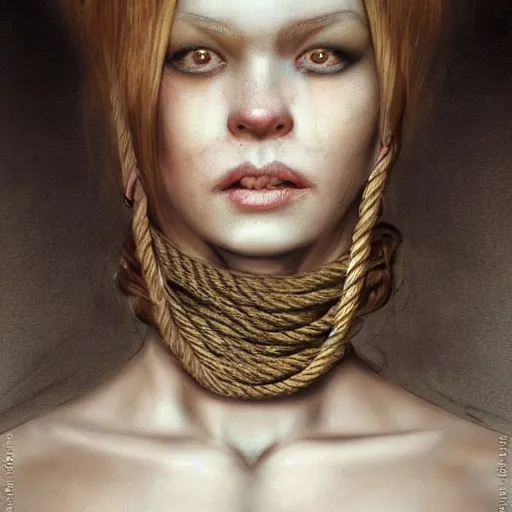 Image similar to portrait of a Shibari rope wrapped face and neck, headshot, insanely nice professional hair style, dramatic hair color, digital painting, of a old 13th century, traveler, amber jewels, baroque, ornate clothing, scifi, realistic, hyperdetailed, chiaroscuro, concept art, art by Franz Hals and Jon Foster and Ayami Kojima and Amano and Karol Bak,