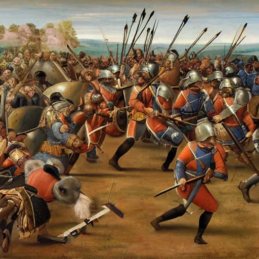 Image similar to a renaissance painting of a line of pikemen moving into battle, taken from the front.