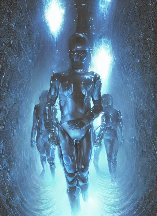 Prompt: transparent astronauts in dark underwater void - complex and hyperdetailed suit. reflection and dispersion materials. rays and dispersion of light. glowing lights. volumetric light. f / 3 2. noise film photo. flash photography. ultra realistic, wide angle. poster by wayne barlowe, hajime sorayama aaron horkey, craig mullins
