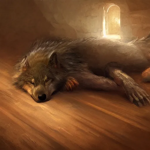 Image similar to medieum shot of a warg wolf sleeping on a mat in a corner of a adobe house, torchlit, concept art by marc simonetti and christophe vacher, trending on artstation