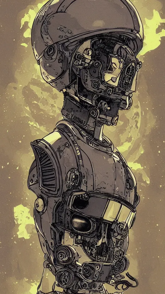 Prompt: portrait of a dead cyberpunk space pirate in concept armor with golden cyborg skull in a futuristic prototype oxygen intake helmet by Abigail Larson + Alan Lee + Audrey Kawasaki + Giovanni-Piranesi + Winsor-McCay + Howard-Pyle, headshot, 8k vhs glitch, cinematic, sharp focus, smooth, sense of awe