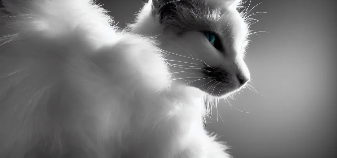 Prompt: a dancing white fluffy cat, dramatic lighting, black and white, 4 k, ultra detailed, blue eyes, professional portrait