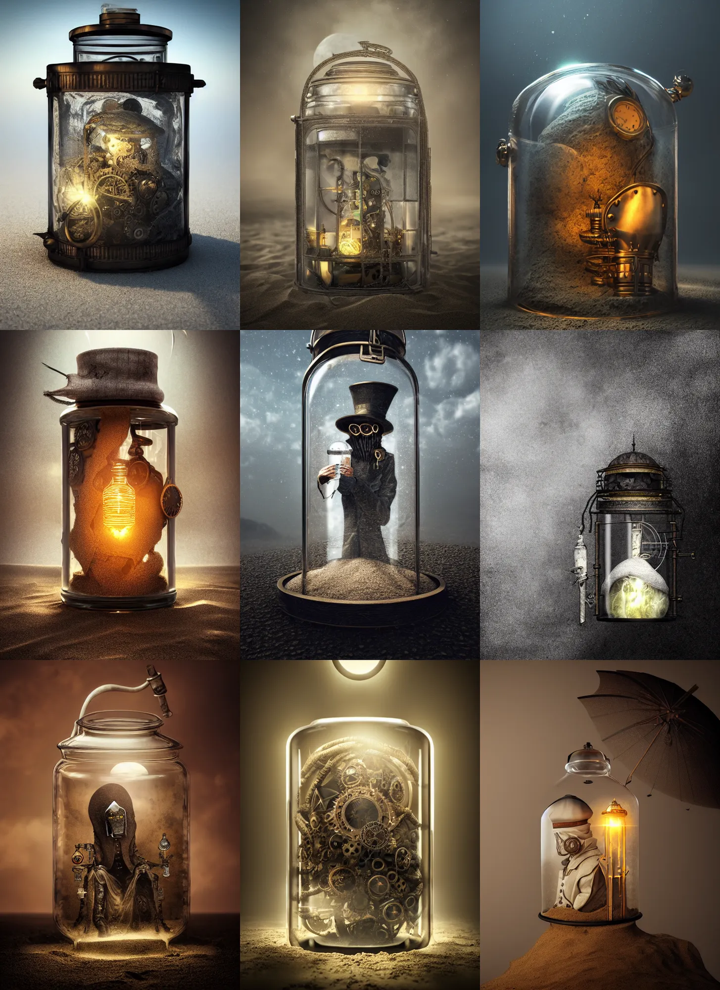 Prompt: plaguedoctor inside a steampunk glass jar half - buried in sand, fractals, intricate detail, hyper detailed, ultra realistic, sharp focus, octane render, lantern, volumetric, ray tracing, artstation trending, moon, cgsociety, sense of awe, swirling mist, moon, 4 k