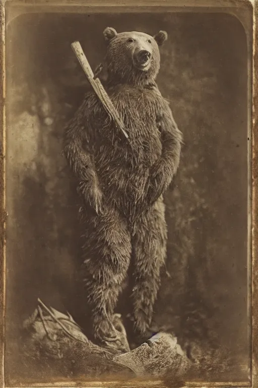 Image similar to a wet plate photo of an anthropomorphic bear dressed as a medieval woodsman