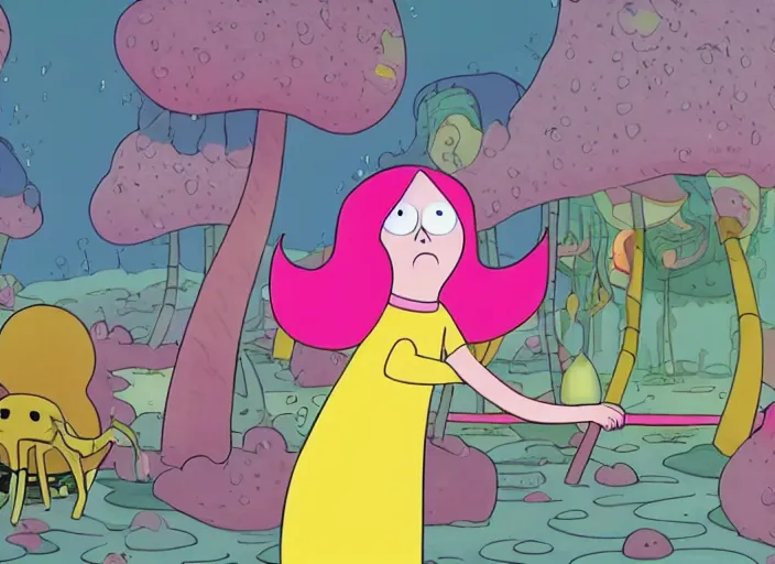 Prompt: adventure time princess bubblegum cartoon tv still directed by junji ito