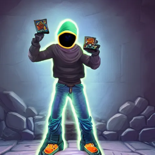 Image similar to hearthstone art of a hacker wearing a ski mask with two arms, two legs, black sweatshirt, black pants, by grey walls and grey lighting.