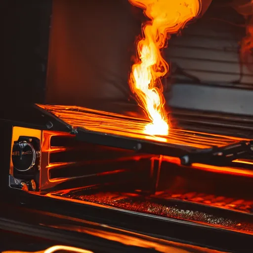 Prompt: toaster oven shangig by metallic cables, symmetry, dark messy smoke - filled cluttered workshop, dark, dramatic lighting, orange tint, sparks, cinematic, highly detailed, sci - fi, futuristic, movie still