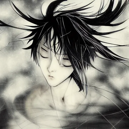 Prompt: Yoshitaka Amano blurred and dreamy illustration of an anime man with black short hair fluttering in the wind and cracks on his face, abstract black and white patterns on the background, noisy film grain effect, highly detailed, Renaissance oil painting, weird portrait angle