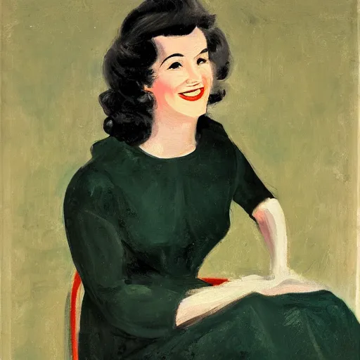 Prompt: a portrait of a young woman from the fifties, seated in front of a landscape background, her black hair is a long curly, she wears a dark green dress, pleated in the front with yellow sleeves, puts her right hand on her left hand, and smiles slightly, oil painting