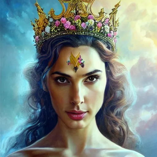 Prompt: fine art photo of the beauty goddess gal gadot, she has a crown of mesmerizing flowers, she is arriving heaven, by peter mohrbacher