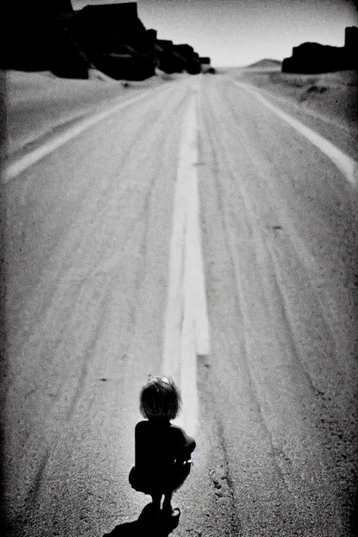 Image similar to photo polaroid of sad and lonely child in the middle of the street, sahara desert, loneliness, black and white ,photorealistic, 35mm film,