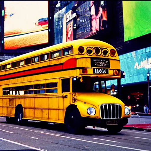 Prompt: yellow school bus being swallowed by giant snake, time square, cinematic, dramatic, film still