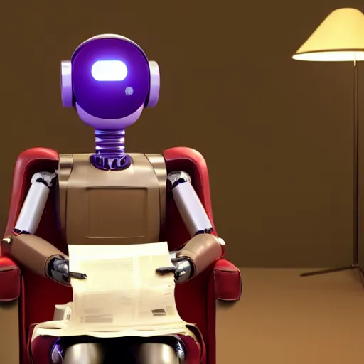 Image similar to futuristic studious matte brown and red full-body humanoid robot with two huge round expressive sad purple glowing LED eyes and open rectangular mouth sitting on a large comfortable cushioned 1950s vintage recliner reading a newspaper. open newspaper. Cinematic Movie Photograph, Arri Alexa, Extremely Detailed, smooth, very very clean, 8K, octane render, maya render, unreal engine, trending on artstation, DSLR, excellent composition, center frame