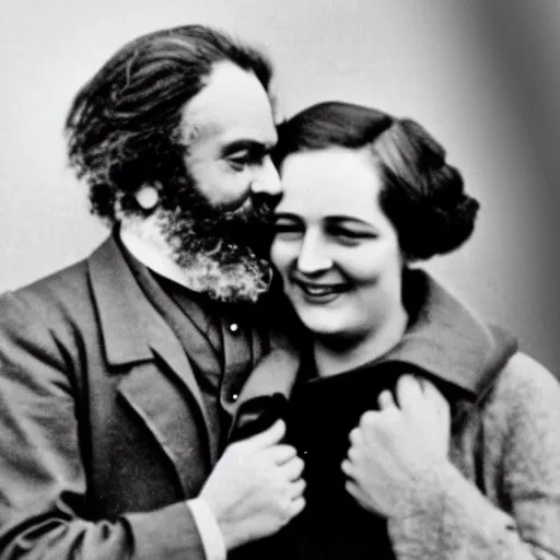 Prompt: Karl Marx and Ayn Rand laughing an hugging, photo, 1920, salon backround
