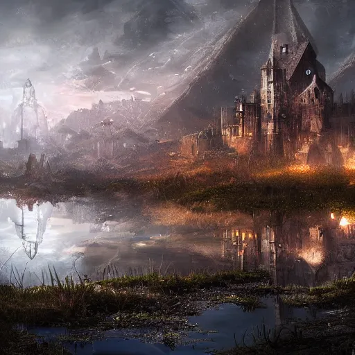 Image similar to a humongous city abandoned on the medieval highlands biome, digital art, wet reflections, intricate details, fantasy, hyper realism, humongous view, rtx, smooth, cinematic