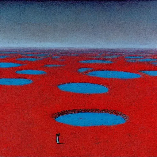 Image similar to people with blood all over them, sea made of the blood, ground is made from gravel, clear blue sky, gravel ground, beksinski style