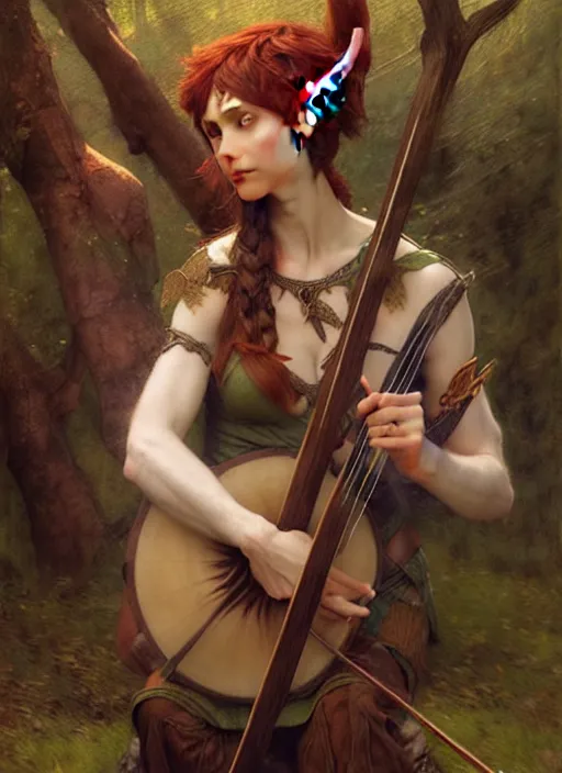 Image similar to forest elf bard playing lute, full body, hyper realistic, extremely detailed, dnd character art portrait, dark fantasy art, intricate fantasy painting, dramatic lighting, vivid colors, deviantart, artstation, by edgar maxence and krenz cushart and artem demura and john williams waterhouse