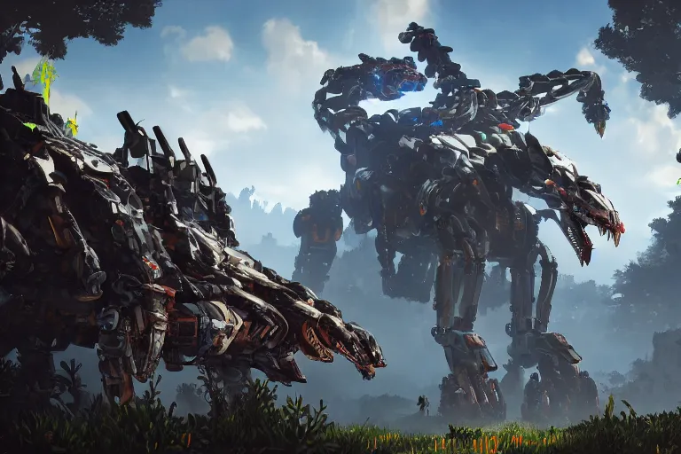 Image similar to stalker machine mecha animal beast robot of horizon forbidden west horizon zero dawn bioluminiscence global illumination ray tracing hdr fanart arstation by sung choi and eric pfeiffer and gabriel garza and casper konefal