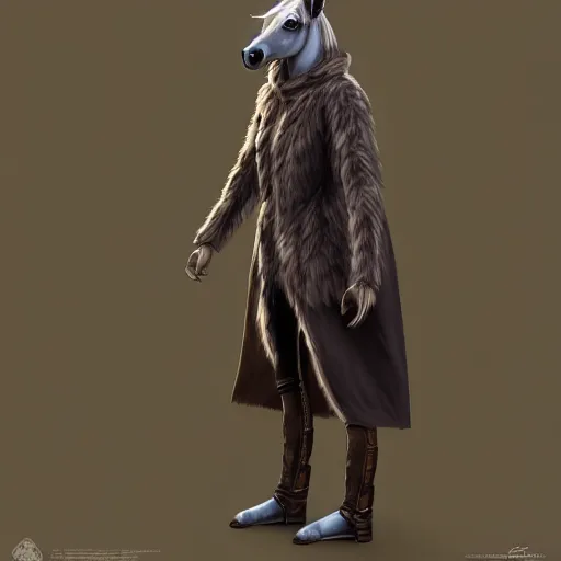 Image similar to concept art of hybrid human and horse wearing coat, anthropomorphic horse wearing a coat and standing on two legs like human, digital art, photo realistic, artstation, highly detailed