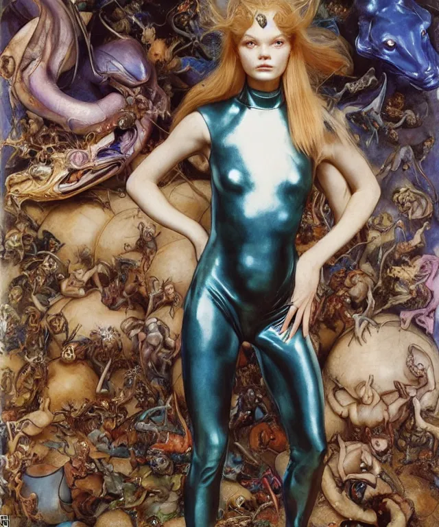 Image similar to a portrait photograph of a fierce mutated transforming hybrid super villian with slimy skin. she looks like elle fanning and is trying on a blue infected bulbous shiny organic catsuit. by donato giancola, hans holbein, walton ford, gaston bussiere, peter mohrbacher and brian froud. 8 k, cgsociety, fashion editorial