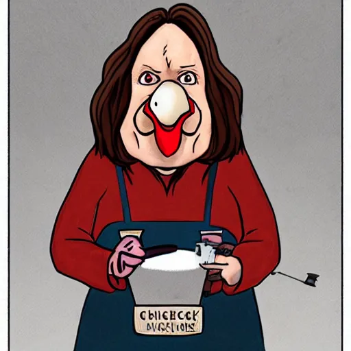 Image similar to an anthropomorphic chicken as annie wilkes from misery