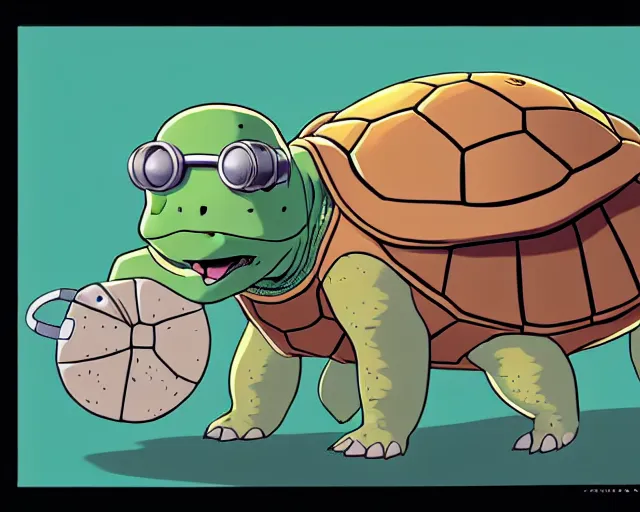 Image similar to cell shaded cartoon of an adorable turtle with a bulldog's head wearing goggles from moving castle ( 2 0 0 4 ), concept art by josan gonzales and wlop, by james jean, victo ngai, david rubin, mike mignola, deviantart, art by artgem