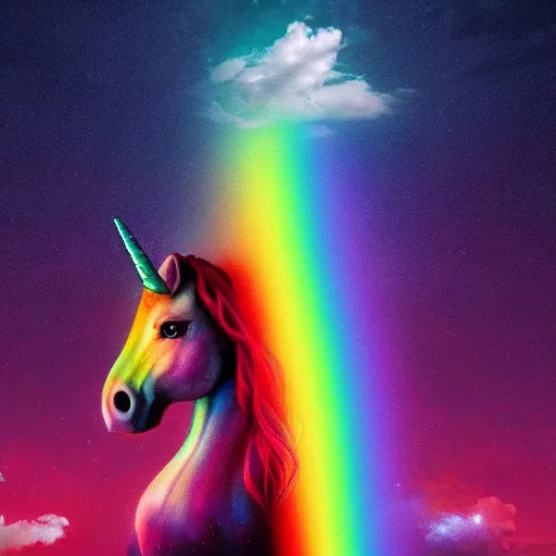 Image similar to a unicorn with a rainbow horn stood on top of a rainbow in the clouds, cinematic lighting, volumetric clouds, amazing light, award winning, ethereal, magical, photorealistic