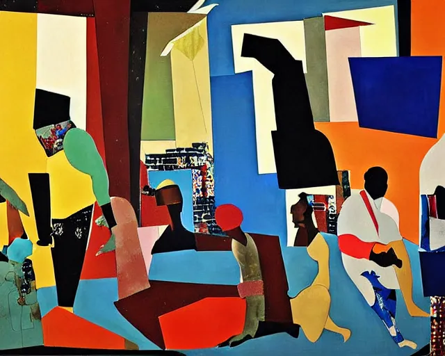 Image similar to a painting by Romare Bearden