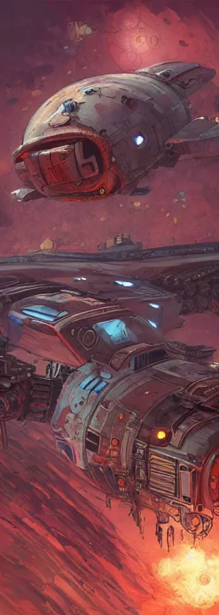 Prompt: old rusting cargo space ship, rusty work spaceship with bolted on upgrades and a glowing engine illustrated by greg tocchini, jesper ejsing and makoto shinkai