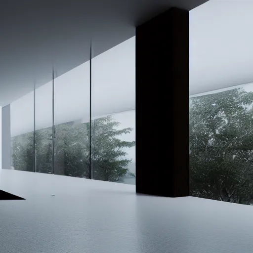 Image similar to minimalist architecture white with nature in back, cinematic lighting, 3 d, unreal engine