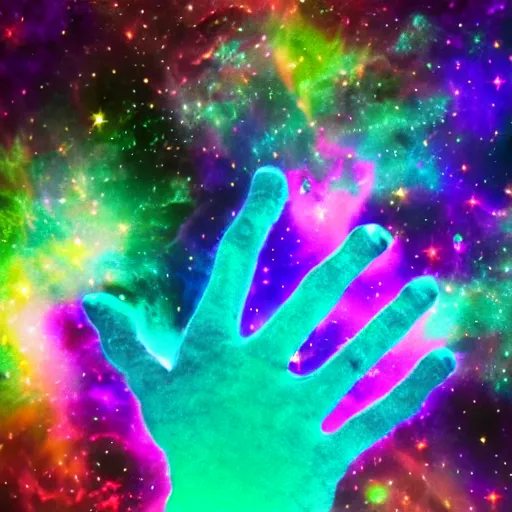 Prompt: a hand reaching out from a colorful nebula, digital art, psychedelic, 8K