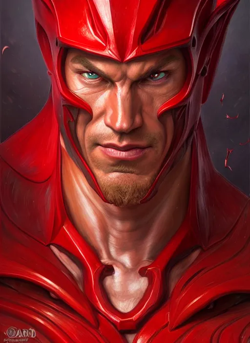 Image similar to portrait of a super muscular red human with a shark head breaking a wall, d & d, muscular! fantasy, intricate, elegant, highly detailed, digital painting, artstation, concept art, smooth, sharp focus, illustration, art by artgerm and greg rutkowski and alphonse mucha