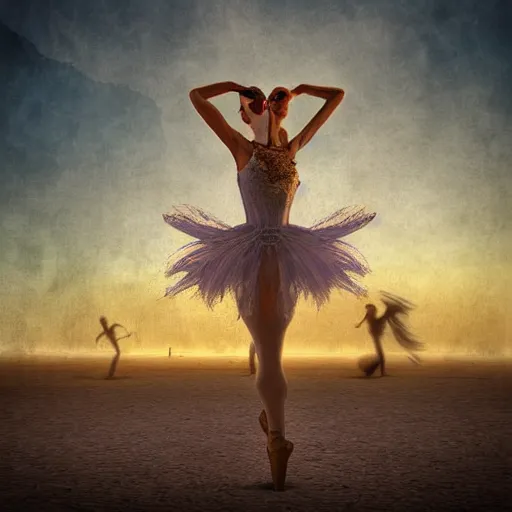 Prompt: burning man ballerina, digital art, post apocalyptic, fantasy