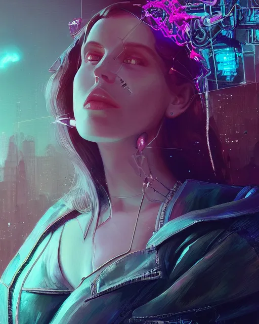 Image similar to portrait of lana del rey as a cyberpunk cyborg. roses, sci - fi, intricate abstract upper body intricate artwork, by tooth wu, wlop, beeple, dan mumford. concept art, octane render, deviantart, greg rutkowski, cinematic arthouse, key art, hyper realism, iridescent accents