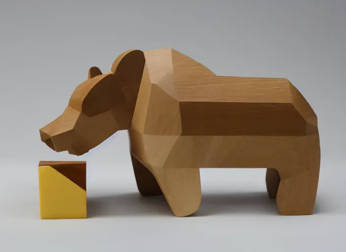 Image similar to a minimalist curvy shaped sculpture of hippopotamus!, wood and epoxy on top, cubic blocks stripes cuts, side view profile centered, studio, design, object, reddit