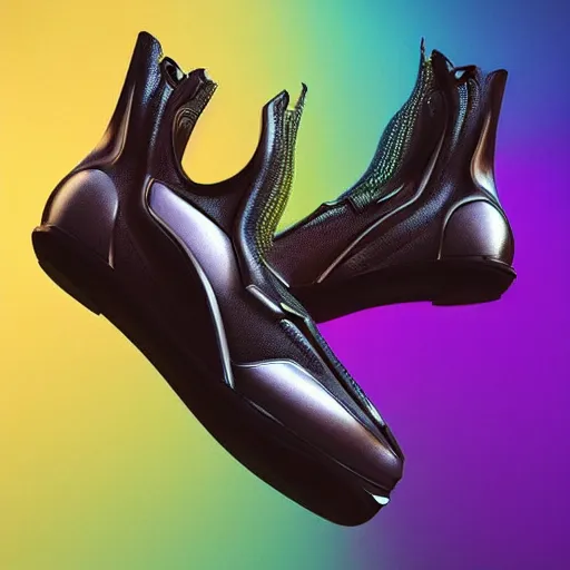 Image similar to futuristic balenciaga and vetements sneakers in giger style on gradient background, colorful, ultra rendered extreme realism and detail, 8 k, highly detailed, realistic, pbr, photorealistic