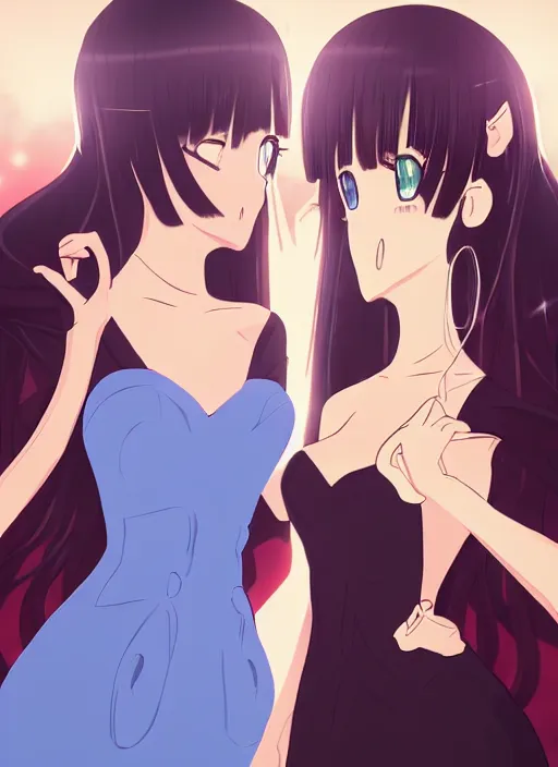 Image similar to two beautiful mothers standing face to face taunting each other, gorgeous dresses, gorgeous faces, smooth thick lines, cinematic lighting, detailed anime art