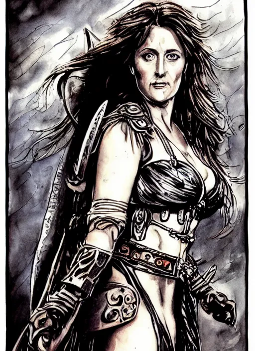 Prompt: beautiful portrait commission of a beautiful Gillian Anderson as Xena the warrior princess in a vintage gothic style. character design by ralph steadman, detailed, inked, western comic book art