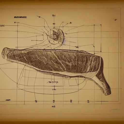 Image similar to blueprint technical drawing of a steak, schematic, sepia, old paper