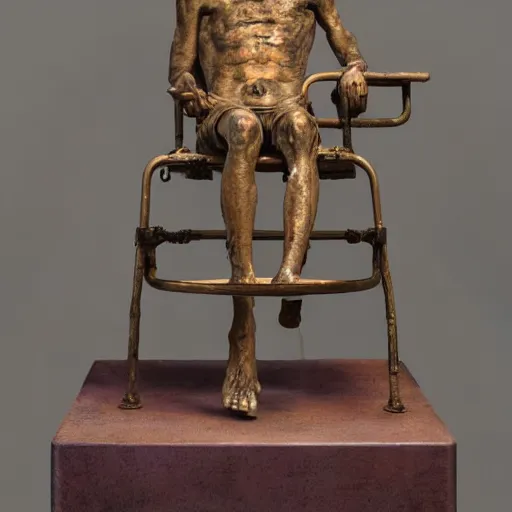 Image similar to hyperrealistic sculpture of a fossilized bronze chinese prisoner on an operating table in a cage on a pedestal, surrounded by surgeons, by duane hanson and lee bontecou and giacometti, patina, hyperrealistic dramatic colored lighting trending on artstation 8 k