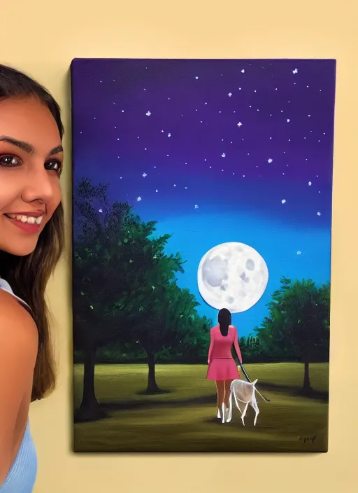 Image similar to young brown woman walking her dog in a park at night with a full moon, acrylic painting, photoreal, fantasy