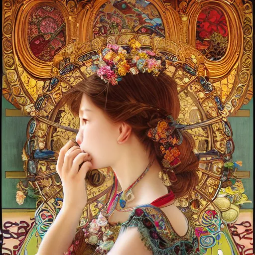 Image similar to a masterpiece ultrarealistic ultradetailed portrait of beautiful love fishmonger jewelry genius elephant trainer girl on fruits street market baroque renaissance. medium shot, intricate, elegant, by stanley artgerm lau, wlop, alphonse mucha, rossdraws, andrei riabovitchev, yoshitaka amano. flower background my james jeand and takashi murakami.