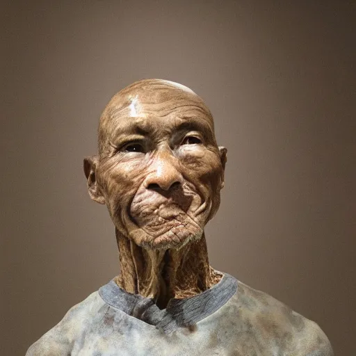 Prompt: hyperrealistic sculpture of a fossilized bronze chinese prisoner by ron mueck and duane hanson and lee bontecou and elizabeth frink, patina, hyperrealistic dramatic colored lighting trending on artstation 8 k