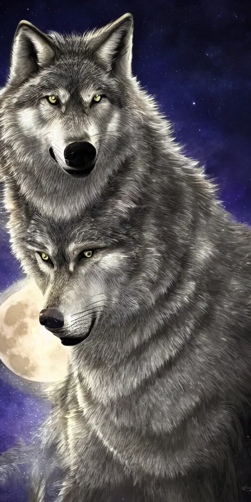 Image similar to close up portrait of a howling wolf in front of the full big moon, fantasy digital art, high definition, 8k, high details, high quality, golden and silver colors, glowing lights in the background