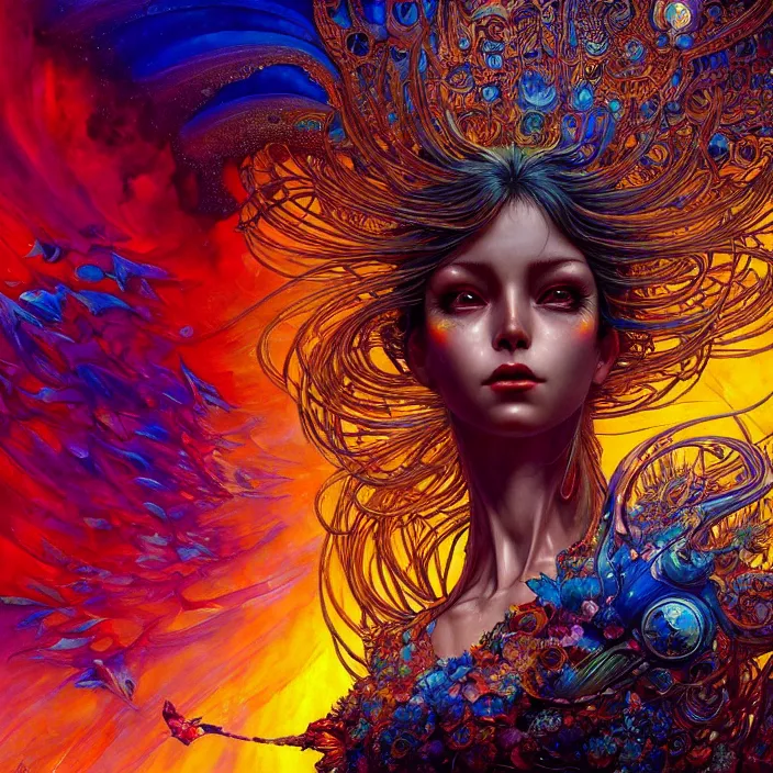 Prompt: ultra detailed stunning digital painting of an animatronic girl by Karol Bak, Moebius, hiroshi yoshida, Druillet, xsullo, colorful, front view, vivid colors, 8k, coherent, akira vibes, uplifting, magical composition, artstation, synthwave, 8k, coherent, artgerm, uplifting, unreal engine, magical composition, artstation