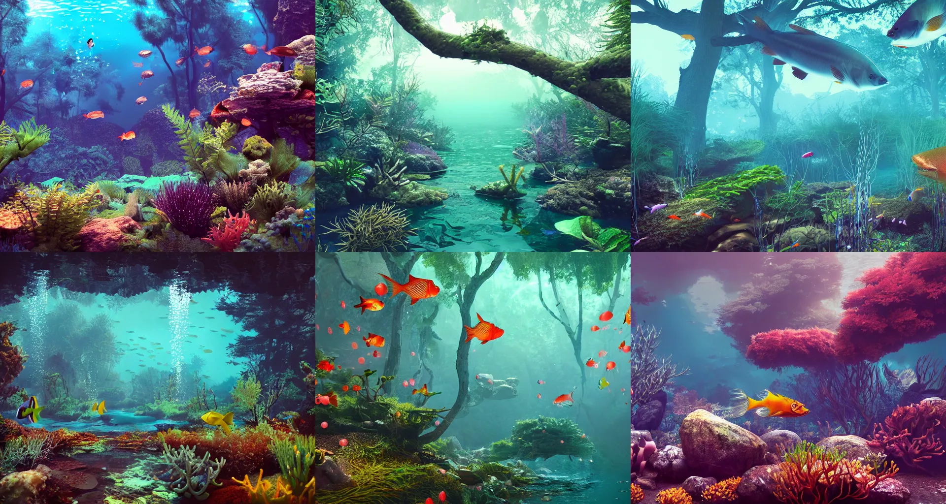 Prompt: Fish swimming in an underwater forest, trees, overgrown, air bubbles, vibrant, HD, detailed, Octane Render, digital art, trending on ArtStation