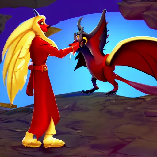 Prompt: screenshot of a humanoid gryphon bard with a red coat as an enemy in spyro the dragon video game concept art, playstation 1 era, activision blizzard, 4 k resolution concept art