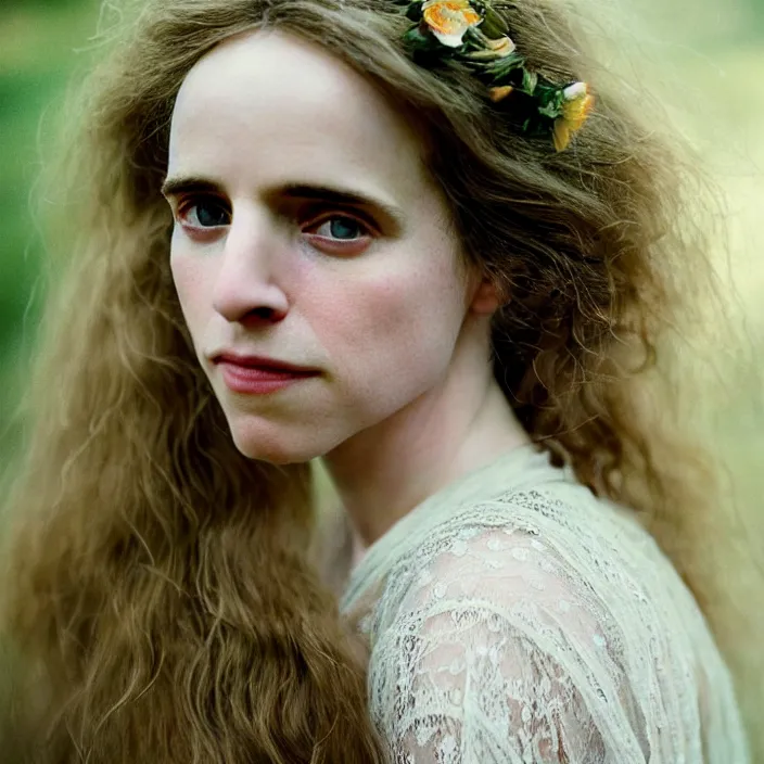Image similar to Kodak Portra 400, 8K, soft lighting, volumetric lighting, highly detailed, brit marling style 3/4 ,portrait photo of a beautiful woman how pre-Raphaelites painter, a beautiful lace dress and hair are intricate with highly detailed realistic beautiful flowers , Realistic, Refined, Highly Detailed, natural outdoor soft pastel lighting colors scheme,faded colors, outdoor fine art photography, Hyper realistic, photo realistic